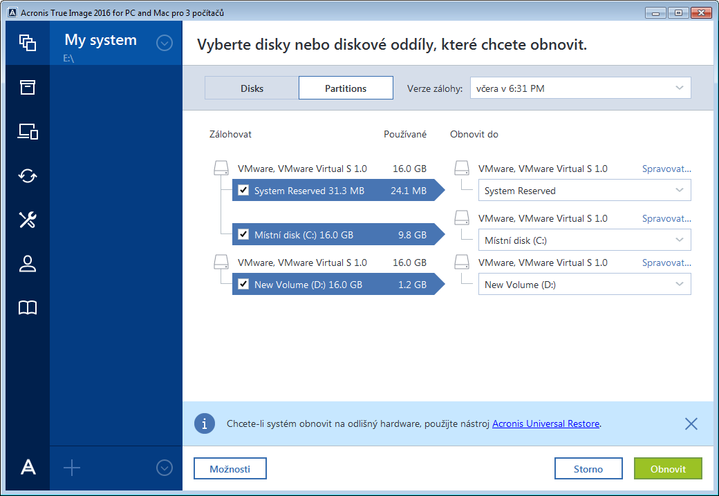 V tomto případě aplikace Acronis True Image 2016 vytvoří nový podpis pro obnovený pevný disk, i když je obnoven na stejný disk.