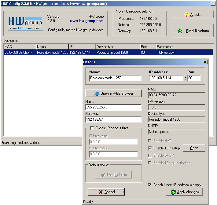 UDP config UDP Config je volná utilita kterou lze přiřaditn IP adresu a změnit síťová nastavení po síti Ethernet.