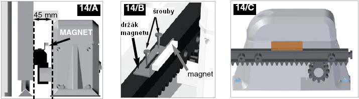 PŘEDBĚŽNÉ NASTAVENÍ KONCOVÝCH MAGNETŮ Předběžné nastavení magnetů na držácích magnetu je zobrazeno na obrázcích č. 14/A-14/B.