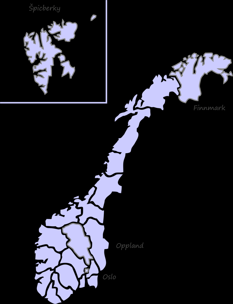 Obrázek 6: Regiony Oslo, Oppland, Finnmark a Špicberky na mapě Norska Zdroj: zpracováno podle [35] Oslo je nejstarší hlavní město ve Skandinávii a vlastním regionem se stalo v roce 1842.