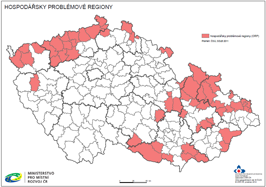 Na základě výše uvedeného postupu bylo vymezeno jako hospodářsky problémové regiony těchto 58 regionů (ORP).