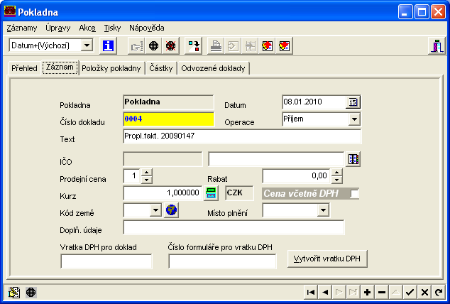 Účtování 79 Pokladna Tato databáze slouží k evidenci prodeje a nákupu přes pokladnu. V programu můžete mít založeno libovolné množství pokladen.