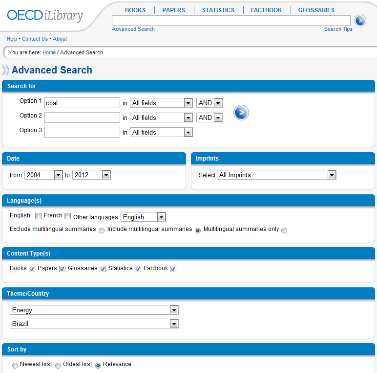 Rozšířené vyhledávání v OECD ilibrary: Kolonky pro zadání klíčových slov, výběr oblasti, ve které má být hledáno a možnost využití logických operátorů (AND, OR, NOT) Volba časového rozmezí a další