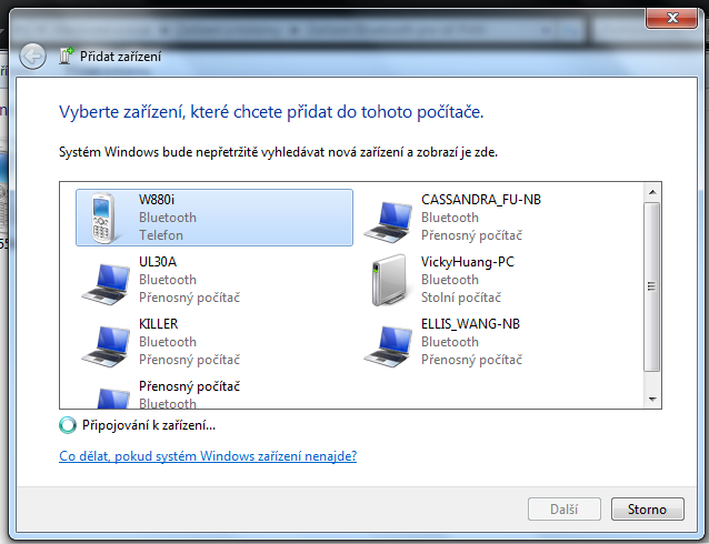 6. Zvolte zařízení s funkcí Bluetooth ze seznamu a klepněte na Next (Další). 7.