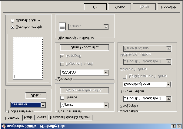 Karta Nastavení Tato karta umožňuje provést následující: Vytisknout více logických stránek dokumentu na jednu fyzickou stránku (funkce Více stran na list) Vytisknout úlohu s vodoznaky Vytvořit a