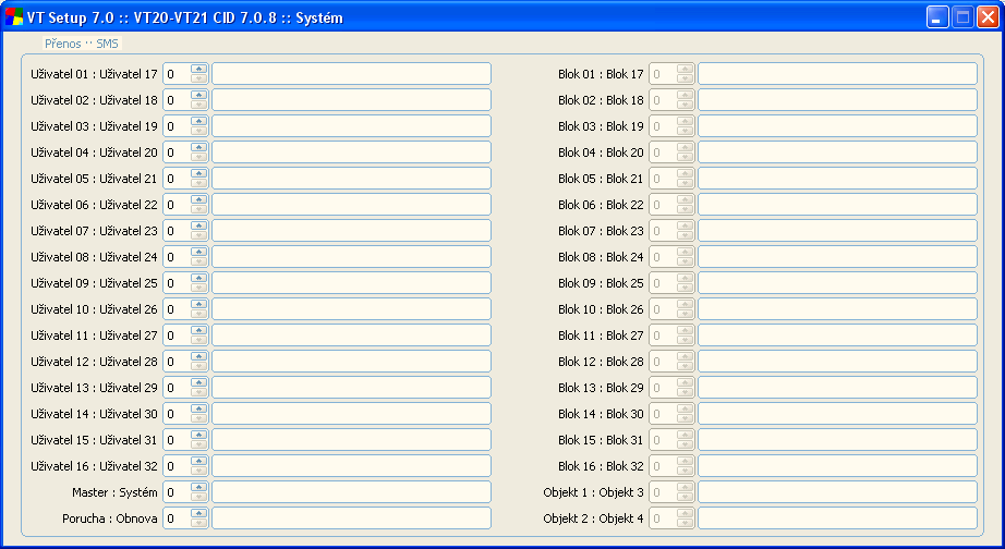 manuál GSM modul VT 20 15.4.2 Programovací tabulka Systém pro formát ACID V této tabulce zadáváte název pro prvních 32 uživatelů, poruchu, obnovu, 32 podsystémů a 4 objekty.