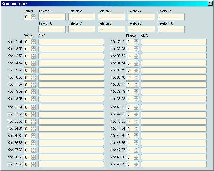 Po aktivaci menu Komunikátor se zobrazí nabídka s těmito položkami: Formát nastavuje přenosový formát mezi ústřednou EZS a VT21. Modul VT21 podporuje tyto formáty tlf. komunikátoru.