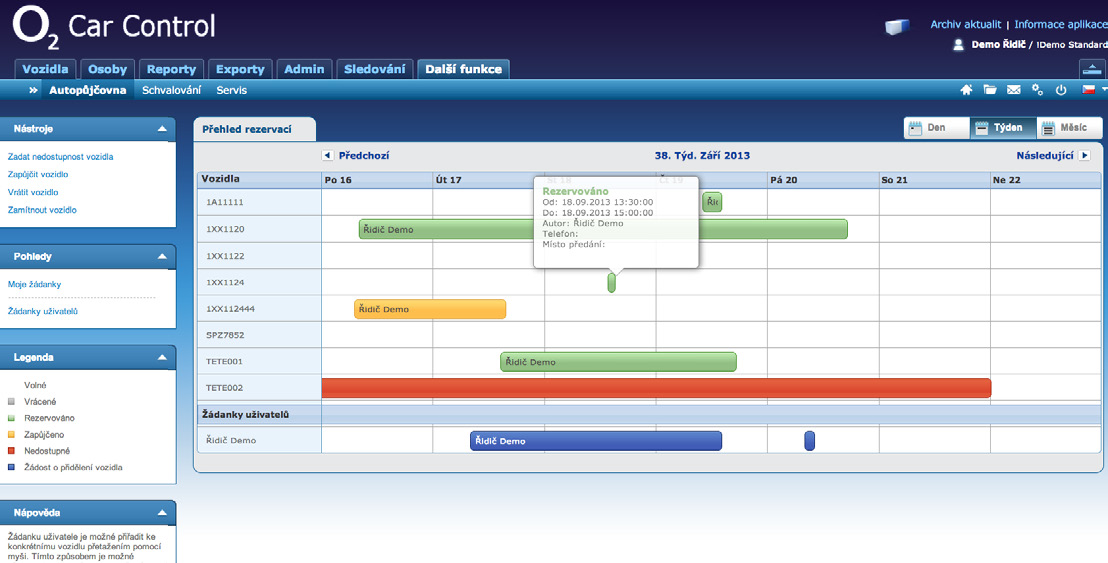 Graficky provedený Přehled rezervací poskytuje správci autopůjčovny přehlednou a pohodlnou práci se