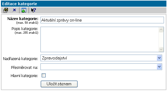 WebNews publikační systém Strana 34 Editace kategorie Název kategorie Název kategorie v katalogu odkazů. Popis kategorie Popis obsahu kategorie.