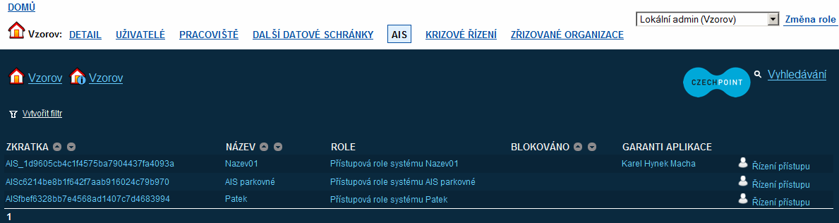 Zobrazí se seznam AIS, které má daný subjekt zaregistrovány: Vyhledejte AIS a klikněte na jeho zkratku,