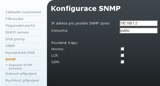 Obrázek 3.21: Konfigurace SNMP IP adresa pro posílání SNMP zpráv IP adresa, na kterou budou zprávy (trapy) posílány. Pro komunikaci je standardně použit port 162.