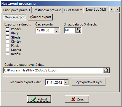 2.3.4.11 Záložka "Export do XLS": Umožňuje automaticky generovat měsíční tabulky pro jednotlivé vstupy ve formátu XLS, do nastaveného adresáře.