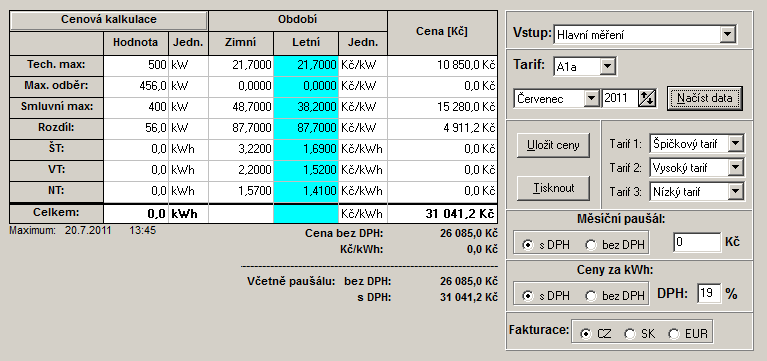 4.13 Cenová kalkulace Umožňuje vypočítat finanční náklady za odběr el. energie.