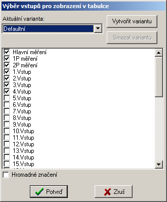 5.3 Výběr měření do tabulek více vstupů Pro výběr měření zobrazených v tabulkách více vstupů slouží toto dialogové okno.