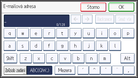 Základní postup pro zasílání naskenovaných souborů e-mailem 12. Stiskněte [E-mailová adresa]. 13. Zadejte el. adresu. 14. Stiskněte [OK]. 15. Stiskněte [Použít e-mail.