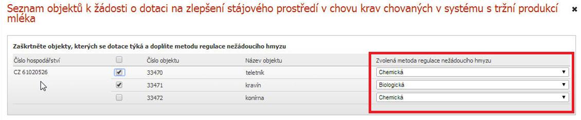 Žadatel vybere příslušné podopatření, na které chce podat žádost o dotaci a v případě jeho zaškrtnutí se mu zobrazí vedle vybraného podopatření tlačítko SEZNAM OBJEKTŮ.