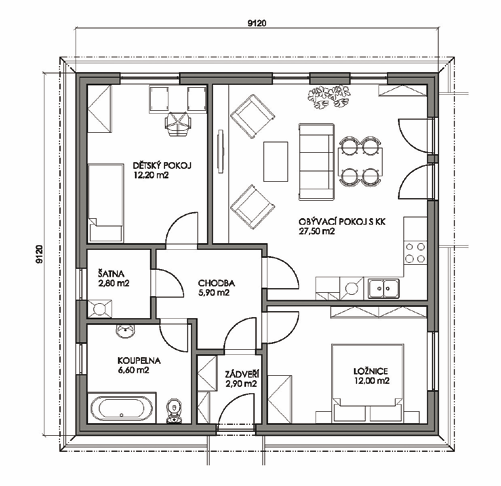 2 pracovna 7,00 m 2 ložnice se šatnou 14,85 m 2 dětský pokoj vlevo 15,70 m 2 dětský pokoj vpravo 17,70 m 2 celkem 73,45 m 2 Přízemní bungalov menší velikosti je ideálním domem pro samostatnou osobu,