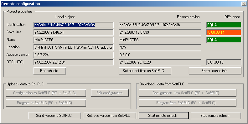 Remote connection Zde zkontrolujeme, případně nastavíme: Computer name or IP address IP adresa cílového MiniPLC, předdefinovaná hodnota je ta, která je nastavená ve vlastnostech projektu, v drop-down