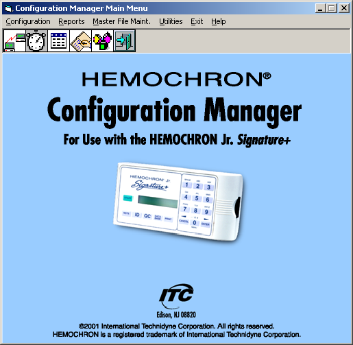 Nabídky Funkce nabídek HEMOCHRON Configuration Manager se zobrazí v hořejší části hlavního okna: Použití každého menu následuje: Menu Configuration (Konfigurace) Reports (Záznamy) Master File