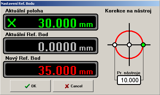 Panel pro zápis polohy do Ref. Bodu Aktuální poloha:zobrazuje aktuální polohu stroje ve vybrané ose Aktuální Ref. Bod:Zobrazuje stávající souřadnici Ref. Bodu ve vybrané ose Nový Ref.