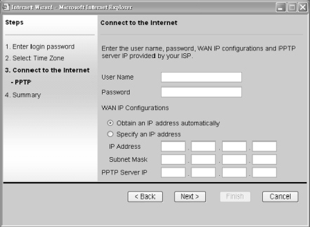 Klikněte na "Next" a v příručce přejděte na krok 4. d. PPTP Po označení PPTP a zobrazení následující stránky vyplňte všechny dostupné informace, které vám poskytl o připojení váš ISP.