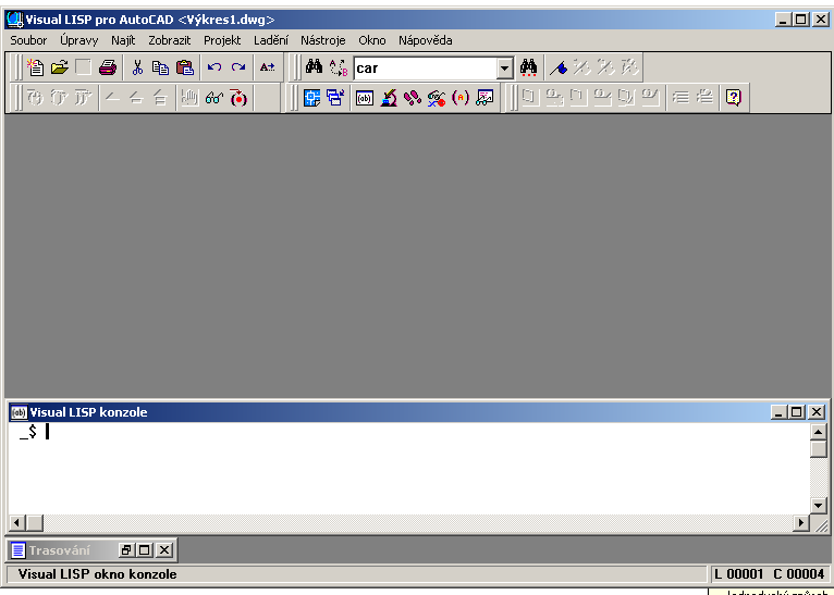Otevření okna Visual LISP Z nabídky vybrat položky Nástroje AutoLISP Editor Visual LISP.