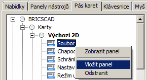 Karty jsou definovány vždy ve dvou kategoriích pro BricsCAD a každou nainstalovanou aplikaci (zde aplikace bonusrc).