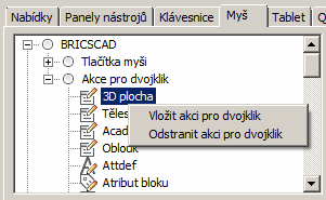 Poklepání BricsCAD > Přizpůsobení programu Ve skupině Akce pro dvojklik je seznam všech entit a objektů, které se mohou ve výkrese vyskytnout: Po poklepání na většinu entit se otevře panel vlastností