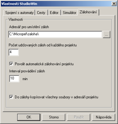 Adresář pro umístění záloh Počet udržovaných záloh Cesta k kořenovému adresáři záloh. Pod tímto adresářem se pak dále automaticky ukládají adresáře záloh jednotlivých projektů.