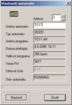 Nastavit Jméno automatu (maximálně 8 znaků) a adresu(0 30) je možné změnit, ale aby se změna projevila je třeba použít tlačítko Nastavit, které je ve zmíněném dialogu.