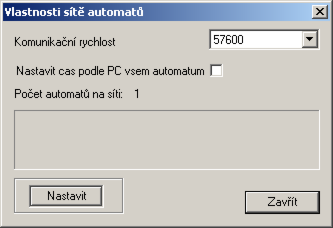 V tomto dialogu máme možnost měnit komunikační rychlost všech automatů na síti a pokud zaškrtneme volbu Nastavit čas, tak dojde také k nastavení reálného času automatů na čas, který je aktuální v PC.