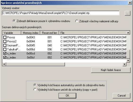 V okně Seznam definovaných proměnných je zobrazen seznam všech nalezených deklarací proměnných.