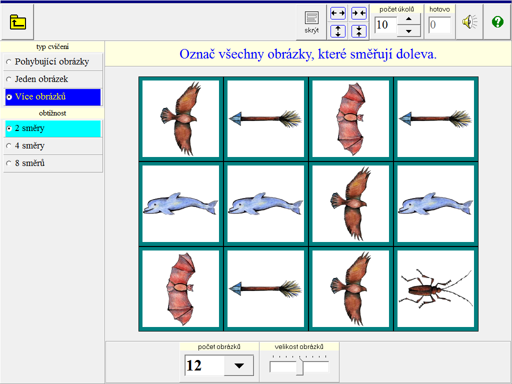 Volba obtížnosti je stejná jako v Pohybující obrázky a dále je možná volba počtu a