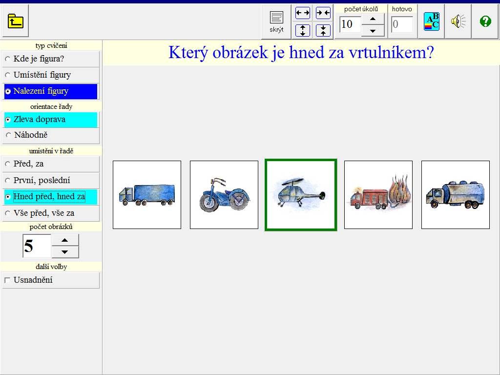 4.2. Umístění figury - Žák má za úkol podle příkazu umístit figuru na správné místo. 4.3. Nalezení figury - Žák vybere správný obrázek a označí ho (kliknutím na něj).