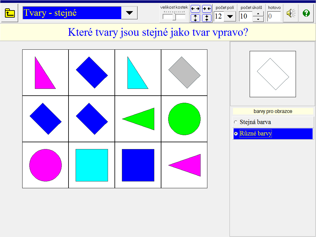 U cvičení s tvary lze zvolit stejnou barvu tvarů nebo různé barvy tvarů, dále je možné zvětšovat velikost kostek i volit