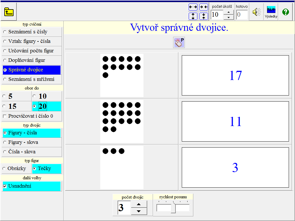 v oboru do 10 ve tvaru kostky nebo kamene domina, v oboru do 15 a 20 ve tvaru kostky nebo mříže). Je možné procvičovat i číslo 0. Figurami jsou obrázky nebo tečky - podle volby.