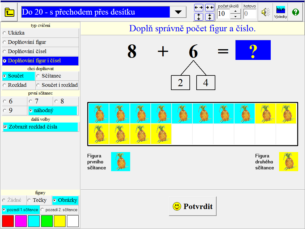 Doplňování čísel - Žák má v horní části obrazovky zadaný příklad, ve kterém je jedno nebo více okének s otazníkem (podle toho, zda jsme zvolili doplňování součtu, sčítance, rozkladu nebo součtu i