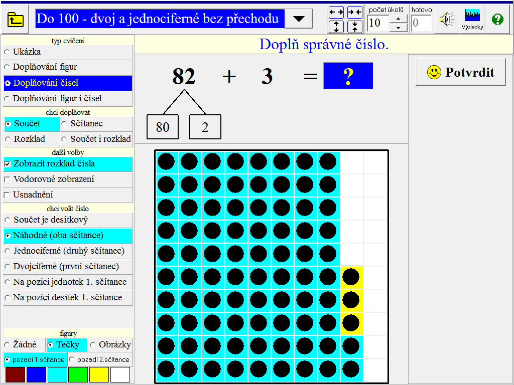 1.5. Sčítání do 100 - dvoj a jednociferné bez přechodu Ukázka - Žák vidí na obrazovce ukázky sčítání dvoj a jednociferného čísla bez přechodu přes desítku z oboru do 100.