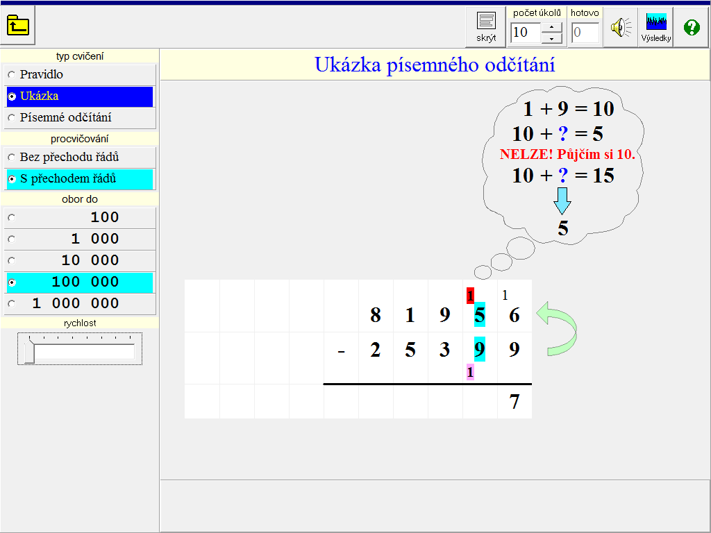 Žák má na obrazovce zobrazený příklad na písemné odčítání. Je možné si nechat zobrazovat příklady od nejjednodušších z oboru do 100 až po příklady odčítání víceciferných čísel z oboru do 1 000 000.