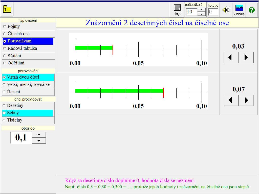 Vyznačování čísel - Žák má v horní části obrazovky číselnou osu. Jeho úkolem je na ni znázornit číslo zadané v dolní části obrazovky.