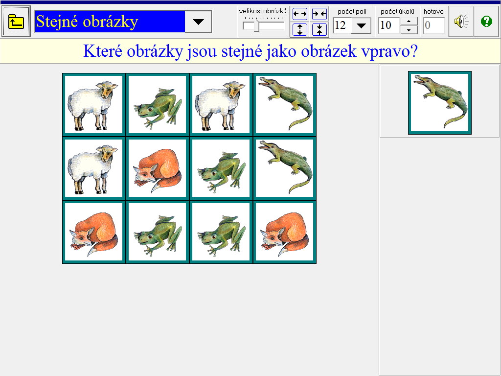 části obrazovky na správné místo v obrázku. 1.2. Stejné obrázky Žák označuje na ploše obrázky, které jsou stejné jako obrázek vpravo. Označování provádí klikáním myší.