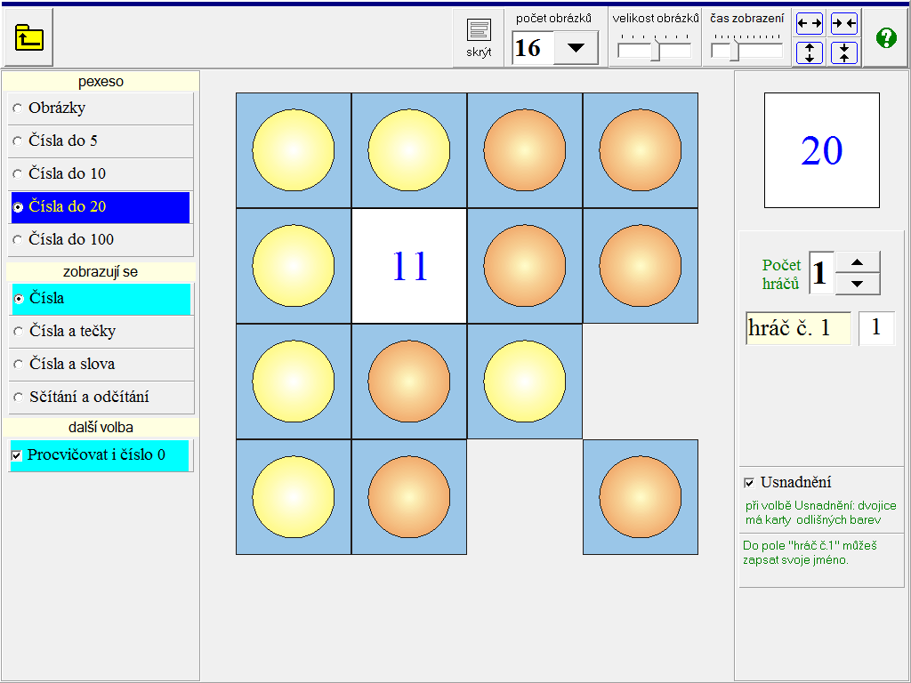 3.5 Rexeso - domino: Cvičíme postřehování a globální zvládnutí množství. Je možné volit počet teček. 4. PEXESO Žák klikáním vyhledává dvojice, které k sobě patří.