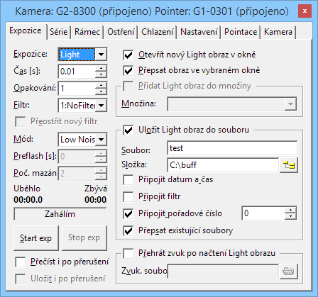 Obr. 13: Záložka Exposure nástroje CCD Camera Před pořízením prvního snímku je nezbytné nastavit několik parametrů. Nejprve je nutné zvolit typ snímku z výběrového boxu Exposure vyberte Light.