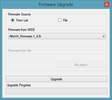Obr. 13: Okno aktualizace firmware Typy firmware Pro výškoměry Altis v4 sou dva typy firmware. Jeden je označený F5J a plně vyhovuje pravidlům FAI F5J, přičemž ale neumožňuje žádné jiné nastavení.