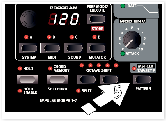 11 Arpeggio s Mst Clk Vyzkoušíme si některé vlastnosti spolupráce arpeggia a funkce Master Clock (Mst Clk). 1 Podržte Shift a stiskněte Sound Init (výběr vzorku Osc 1), tím spustíte základní zvuk.