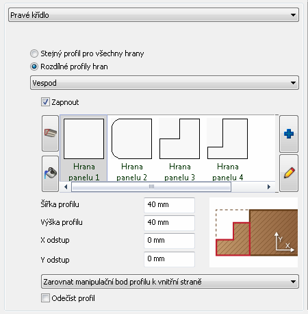 Novinky 91 9.3.8. Profil hrany Na stránce Profil hrany můžete upravit hrany vybraného panelu.. Na stránce Profil hrany můžete samostatně editovat různé panely otvorového prvku.