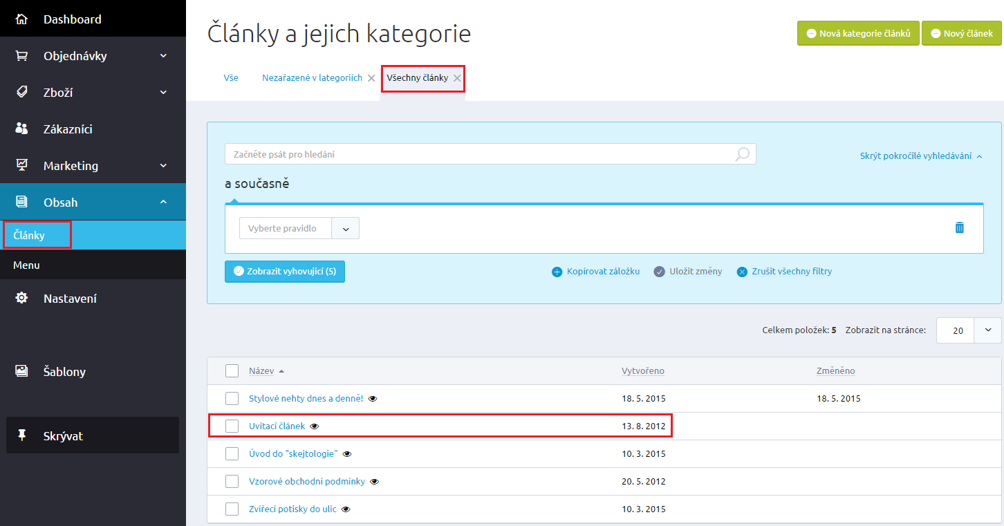 V další sekci formuláře každého článku jsou pole SEO titulek (na frontendu se zobrazí v horní liště prohlížeče), SEO popis a SEO klíčová slova, kterými můžeme doplnit SEO informace pro vyhledávače.