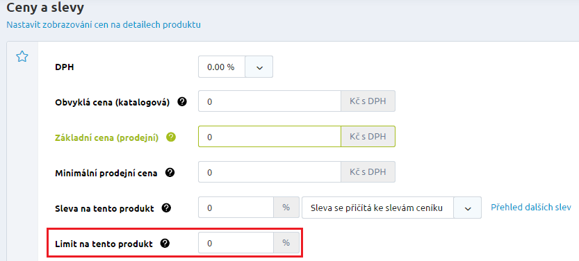 Limit na produkt - maximální sleva Lze nastavit maximální aplikovatelnou slevu na zboží, což slouží jako pojistka. Systém celkovou slevu vzniklou výpočtem porovná s maximální možnou slevou.