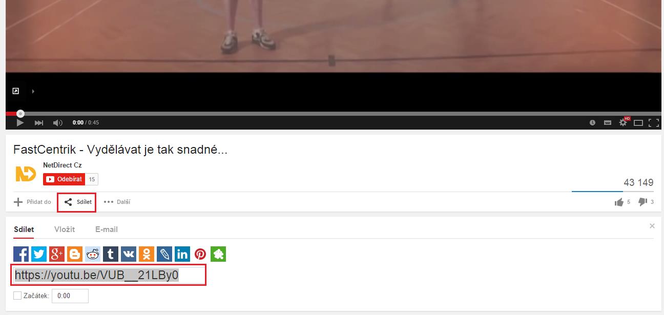 Při vkládání odkazu na YouTube video je nutné, abyste nekopírovali URL adresu videa, ale na detailu videa pomocí tlačítka Sdílet zkopírovali nabízený odkaz.