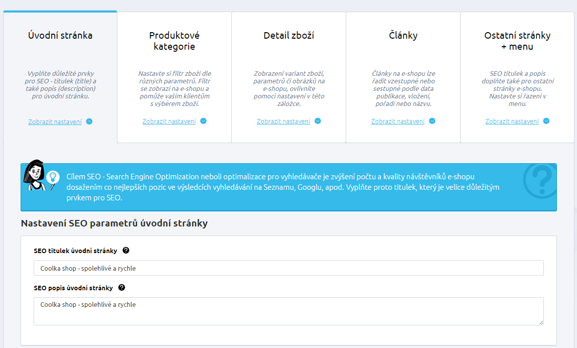 Meta tag Description - meta-tag pro definici popisku vaší stránky. Meta tag Keywords - slouží k definování klíčových slov na stránce, která by měla co nejvýstižněji definovat.